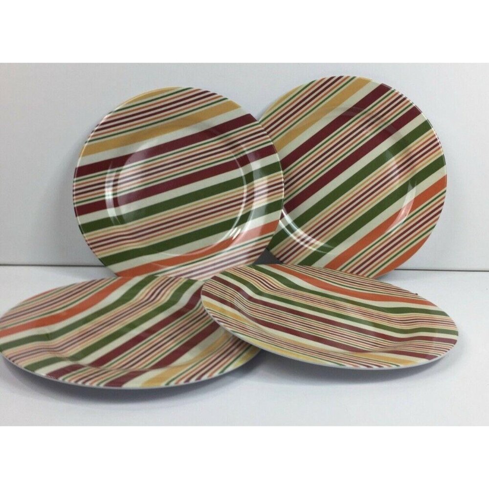 Set Of 4 Striped Melamine 11" Dinner Plates Orange Green Red Yellow Outdoor BBQ